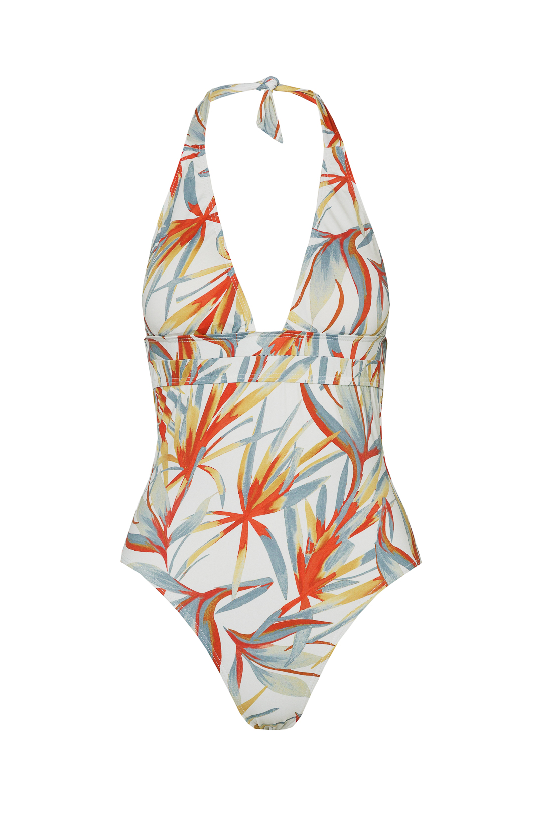 L30 - Traje de Baño Adulta Blanco Hojas Naranjas y Grisis